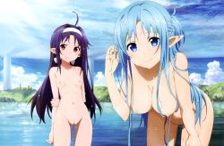 Rule 34 | 10s, 2girls, absurdres, ahoge, arms behind back, asuna (sao), asuna (sao-alo), blue eyes, blue hair, blush, braid, breasts, cleavage, cleft of venus, collarbone, french braid, full cleft, highres, leaning forward, long hair, looking at viewer, multiple girls, nakamura naoto, navel, nipples, nude filter, outdoors, pillar, purple hair, pussy, red eyes, small breasts, smile, standing, sword art online, third-party edit, uncensored, water, wet, yuuki (sao)