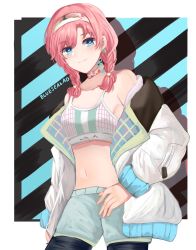 Rule 34 | 1girl, absurdres, arknights, bare shoulders, blue eyes, blue poison (arknights), blue poison (shoal beat) (arknights), blue sealad, braid, breasts, choker, collarbone, cowboy shot, crop top, hairband, highres, jacket, long sleeves, looking at viewer, low twintails, midriff, navel, off shoulder, official alternate costume, open clothes, open jacket, pantyhose, pink hair, shirt, short shorts, shorts, sleeveless, sleeveless shirt, small breasts, solo, spaghetti strap, standing, stomach, twin braids, twintails, white jacket, white shirt, white shorts