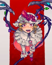 Rule 34 | 1girl, absurdres, artist name, blonde hair, blood, blood on face, crystal, fang, flandre scarlet, frilled skirt, frilled sleeves, frills, from above, hair ribbon, hat, highres, laevatein (touhou), looking at viewer, looking up, mob cap, open mouth, red eyes, red skirt, ribbon, shirt, skinnytorch, skirt, solo, touhou, white shirt, wings