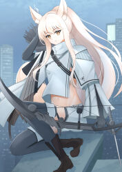 Rule 34 | 1girl, absurdres, animal ears, arknights, black footwear, black gloves, black thighhighs, boots, bow (weapon), brown eyes, city, commentary request, gloves, highres, holding, holding bow (weapon), holding weapon, horse ears, jacket, long hair, long sleeves, looking at viewer, maeda no kenzi, midriff, navel, outdoors, platinum (arknights), shorts, solo, stomach, thighhighs, very long hair, weapon, white hair, white jacket, white shorts