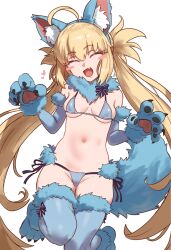 Rule 34 | 1girl, :d, alternate color, animal ears, animal hands, artoria caster (fate), artoria pendragon (fate), bikini, blonde hair, blue bikini, blue gloves, blue thighhighs, blush stickers, breasts, claw pose, closed eyes, cosplay, ebora, elbow gloves, facing viewer, fake animal ears, fake tail, fang, fate/grand order, fate (series), fur-trimmed gloves, fur-trimmed legwear, fur collar, fur trim, gloves, highres, long hair, low twintails, mash kyrielight, mash kyrielight (dangerous beast), mash kyrielight (dangerous beast) (cosplay), navel, open mouth, paw gloves, revealing clothes, side-tie bikini bottom, skin fang, small breasts, smile, solo, string bikini, swimsuit, tail, thighhighs, twintails, white background, wolf ears, wolf tail