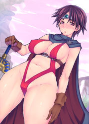 Rule 34 | 1girl, blush, breasts, brown eyes, brown hair, cape, circlet, covered erect nipples, dragon quest, dragon quest iii, dutch angle, female focus, gloves, hand on hilt, highres, large breasts, looking at viewer, one-piece swimsuit, outdoors, parted lips, pussy juice, red-rum, red one-piece swimsuit, revealing swimsuit (dq), roto (dq3), short hair, sky, slingshot swimsuit, solo, square enix, sweat, swimsuit, sword, weapon