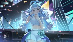 Rule 34 | 1girl, artist logo, blue eyes, blue flower, blue hair, bow, colored tips, commission, confetti, crying, diagonal-striped bow, dog hair ornament, flower, green bow, hair bow, hair ornament, hand on own chest, heart, high ponytail, highres, hololive, hololive indonesia, idol, idol clothes, kobo kanaeru, landacdeus, long hair, midriff, multicolored clothes, multicolored hair, multicolored shorts, navel, one eye closed, open mouth, plaid, pov, pov hands, rose, shirt, shorts, split ponytail, striped bow, tears, tied shirt, two-tone hair, virtual youtuber, white bow, white hair, white shirt, white shorts