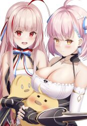 Rule 34 | 0 0, 2girls, :d, = =, ahoge, animal, azur lane, bare shoulders, black choker, black gloves, blunt bangs, blush, bow, braid, braided bangs, breasts, choker, cleavage, closed mouth, collarbone, commentary request, cross, cross necklace, detached sleeves, dress, earrings, fingerless gloves, french flag, french flag ribbon, gauntlets, gloves, hair behind ear, hair bow, hair ornament, highres, holding, holding animal, huge ahoge, jewelry, large breasts, long hair, looking at viewer, manjuu (azur lane), multicolored hair, multiple girls, neck ribbon, necklace, open mouth, pink hair, red eyes, red hair, ribbon, short hair, sidelocks, simple background, sleeveless, sleeveless dress, small breasts, smile, standing, strapless, strapless dress, streaked hair, tartu (azur lane), teeth, upper body, upper teeth only, vauquelin (azur lane), white background, white bow, white dress, white sleeves, yellow eyes, yorumon