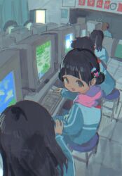 Rule 34 | 2boys, 3girls, black eyes, black hair, blue jacket, blunt bangs, chalkboard, child, classroom, clock, commentary, computer, crt, double bun, faceless, faceless male, facing away, from side, hair bun, hood, hood down, indoors, jacket, keyboard (computer), long hair, long sleeves, looking at another, looking to the side, mouse (computer), multiple boys, multiple girls, on stool, original, rainbow hair ornament, red medicine, short hair, sitting, solo focus, symbol-only commentary, teacher, track jacket, wall clock