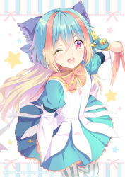 Rule 34 | 1girl, ;d, arm up, blue eyeshadow, blue gloves, blue hair, blue skirt, blush, bow, brown bow, brown hair, commentary request, eyeshadow, flat chest, frilled bow, frills, gloves, hair between eyes, hair bow, kuroe (sugarberry), layered sleeves, little alice (wonderland wars), long hair, long sleeves, makeup, multicolored hair, one eye closed, open mouth, pantyhose, pleated skirt, puffy short sleeves, puffy sleeves, purple bow, red eyes, round teeth, shirt, short over long sleeves, short sleeves, skirt, smile, solo, standing, standing on one leg, star (symbol), striped background, striped clothes, striped pantyhose, teeth, two-tone hair, upper teeth only, vertical-striped clothes, vertical-striped pantyhose, very long hair, white shirt, wonderland wars