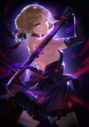 Rule 34 | 1girl, absurdres, artist request, artoria pendragon (all), artoria pendragon (fate), bare shoulders, black dress, black gloves, black thighhighs, blonde hair, braid, breasts, dress, elbow gloves, excalibur morgan (fate), fate/stay night, fate (series), french braid, gloves, highres, long hair, looking at viewer, looking back, open mouth, saber alter, sideboob, small breasts, sword, thighhighs, thighs, weapon, yellow eyes