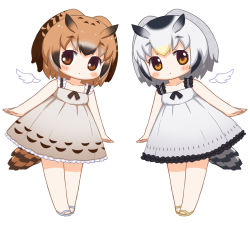 Rule 34 | 10s, 2girls, alternate costume, angel wings, arms at sides, bare arms, bare legs, bare shoulders, bebeneko, bird tail, blush, brown eyes, brown hair, chibi, collarbone, commentary request, detached wings, dress, eurasian eagle owl (kemono friends), expressionless, feathered wings, frilled dress, frills, full body, gradient hair, grey dress, kemono friends, leaning, leaning to the side, legs together, looking at viewer, multicolored hair, multiple girls, northern white-faced owl (kemono friends), orange eyes, sandals, short hair, silver hair, simple background, sleeveless, sleeveless dress, standing, sundress, symmetry, tail, white background, white wings, wings