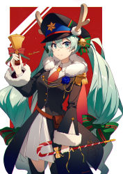 Rule 34 | 1girl, absurdres, aiguillette, antlers, aqua eyes, aqua hair, bell, belt, belt pouch, black hat, black legwear, blue flower, blue rose, bow, candy, candy cane, chinese commentary, christmas, coat, commentary, cowboy shot, dress, epaulettes, flower, food, fur-trimmed coat, fur trim, green bow, hair bell, hair bow, hair ornament, hanamoto410, hand up, hat, hatsune miku, highres, holding, holding bell, holding candy, holding candy cane, holding food, horns, long hair, looking at viewer, merry christmas, necktie, peaked cap, pleated dress, pouch, red background, red necktie, reindeer antlers, rose, smile, solo, standing, star ornament, twintails, very long hair, vocaloid, white dress