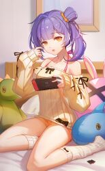 Rule 34 | 1girl, absurdres, black bow, bow, breasts, crazy ones, highres, medium breasts, nintendo switch, official art, on bed, open mouth, pillow, purple hair, qianye zhizi, shorts, socks, solo, stuffed animal, stuffed dinosaur, stuffed shark, stuffed toy, sweater, white socks, yellow eyes, yellow shorts