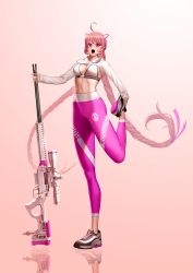 Rule 34 | 1girl, absurdres, ahoge, braid, character name, cropped jacket, dc (makezzal), english text, full body, gun, highres, last origin, long hair, looking at viewer, midriff, miho (last origin), navel, open mouth, pants, pink eyes, rifle, simple background, smile, sniper rifle, solo, sports bra, twin braids, very long hair, weapon, white background, yoga pants
