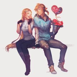 Rule 34 | 1boy, 1girl, adapted costume, alternate costume, balloon, blonde hair, boots, bouquet, casual, contemporary, couple, closed eyes, finni chang, flower, hetero, highres, hood, hoodie, jewelry, link, necklace, nintendo, pointy ears, princess zelda, sitting, smile, the legend of zelda, the legend of zelda: breath of the wild, valentine