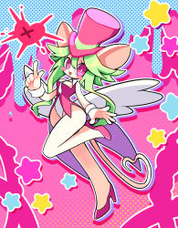 Rule 34 | 1girl, animal ears, blush stickers, breasts, cleavage, green hair, hat, heart, heart tail, highres, leotard, mad rat dead, mouse (animal), mouse ears, mouse girl, mouse tail, nippon ichi, rat god, red eyes, tail, tie clip, top hat, wings, wrist cuffs