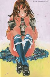 Rule 34 | 1girl, bag, brown eyes, brown hair, cherry blossoms, crossed legs, female focus, full body, glaring, gradient background, grass, holding, long hair, looking at viewer, navel, oogure ito, open mouth, panties, panty pull, petals, plaid, satchel, school uniform, shoes, sitting, skirt, smile, socks, solo, underwear, undressing, white panties