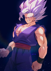 Rule 34 | 1boy, arms at sides, blue background, clenched hand, commentary request, dougi, dragon ball, dragon ball super, dragon ball super super hero, gohan beast, grey hair, grin, highres, looking at viewer, male focus, muscular, muscular male, pectorals, red eyes, red sash, sash, simple background, smile, solo, son gohan, spiked hair, standing, twitter username, wristband, zero-go