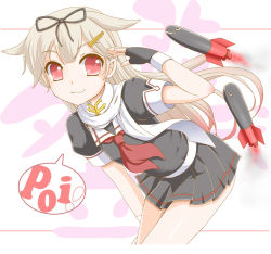 Rule 34 | 10s, 1girl, :3, bad id, bad pixiv id, bent over, blonde hair, flipper, hair flaps, hair ornament, hair ribbon, hairclip, kantai collection, looking at viewer, pleated skirt, red eyes, ribbon, skirt, solo, speech bubble, torpedo, yuudachi (kancolle), yuudachi kai ni (kancolle)