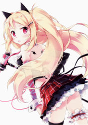 Rule 34 | 1girl, animal ears, blonde hair, blush, checkered clothes, checkered skirt, hair ornament, hairclip, highres, bridal garter, long hair, microphone, microphone stand, nyanya, open mouth, original, petticoat, red eyes, scan, skirt, solo, twintails, white background