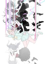 Rule 34 | 2girls, absurdres, afterimage, ame-chan (needy girl overdose), black hair, black ribbon, blue hair, bow, chouzetsusaikawa tenshi-chan, closed eyes, covering own mouth, dual persona, falling, grey hair, hair bow, hair ornament, highres, kneehighs, large bow, long hair, mechari, multicolored hair, multicolored nails, multiple girls, multiple hair bows, nail polish, neck ribbon, needy girl overdose, open mouth, outstretched arms, parted lips, pin, pink hair, quad tails, ribbon, sailor collar, school uniform, serafuku, simple background, skirt, smile, socks, spread arms, suspender skirt, suspenders, twintails, very long hair, white background, x hair ornament