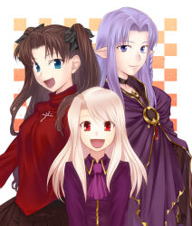 Rule 34 | 3girls, :d, bad id, bad pixiv id, black hair, blue eyes, blue hair, blue shirt, breasts, choker, fate/stay night, fate (series), illyasviel von einzbern, light smile, long sleeves, looking at viewer, medea (fate), medium breasts, multiple girls, nekotawa, open mouth, parted bangs, pointy ears, red eyes, red shirt, shirt, smile, swept bangs, tohsaka rin, white hair