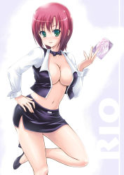 Rule 34 | 1girl, betanya, bow, bowtie, breasts, card, cleavage, croupier, green eyes, high heels, holding, holding card, large breasts, miniskirt, no bra, open clothes, open shirt, pencil skirt, red hair, rio rollins, shirt, short hair, skirt, solo, super blackjack