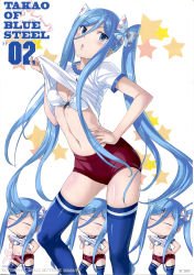 Rule 34 | 10s, 1girl, aoki hagane no arpeggio, blue eyes, blue hair, blue thighhighs, bra, breasts, cleavage, clothes lift, copyright name, gym uniform, hand on own hip, highres, lifting own clothes, long hair, matching hair/eyes, medium breasts, mole, mole under mouth, mutsumi masato, navel, red shorts, scan, scan artifacts, shirt lift, short shorts, shorts, solo, star (symbol), takao (aoki hagane no arpeggio), thighhighs, twintails, underwear, very long hair, white bra