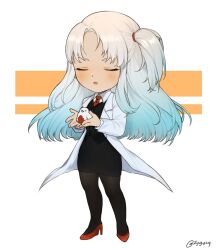 Rule 34 | 1girl, angela (project moon), animal, bird, black pantyhose, black skirt, black vest, blue hair, blush, chibi, closed eyes, collared shirt, full body, gradient hair, high heels, highres, holding, holding animal, holding bird, lobotomy corporation, long hair, multicolored hair, necktie, open mouth, pantyhose, parted bangs, pencil skirt, project moon, punishing bird, red footwear, red necktie, shirt, shoes, skirt, solo, vest, white hair, white shirt, zygyzy 031