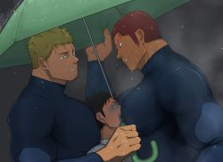 Rule 34 | 3boys, bara, between pecs, between pectorals, black hair, blonde hair, blue shirt, brown hair, face to pecs, facial hair, head between pecs, height difference, highres, holding, holding umbrella, large pectorals, looking at another, male focus, multiple boys, muscular, muscular male, original, outdoors, pectorals, shirt, short hair, sideburns, simple background, size difference, stubble, ta koazuma, taut clothes, taut shirt, umbrella, upper body, wet, wet face, yaoi