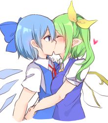 Rule 34 | 2girls, ^ ^, blue bow, blue dress, blue eyes, blue hair, blue wings, blush, bow, breasts, cirno, closed eyes, commentary request, daiyousei, dress, fairy wings, from side, green hair, hair between eyes, hair bow, hair ribbon, heart, highres, ice, ice wings, karasusou nano, kiss, medium breasts, multiple girls, neck ribbon, one side up, pinafore dress, pointy ears, profile, red ribbon, ribbon, short hair, short sleeves, sidelocks, simple background, sketch, sleeveless dress, touhou, upper body, white background, wing collar, wings, yellow ribbon, yuri