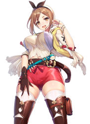 Rule 34 | 1girl, :d, atelier (series), atelier ryza, atelier ryza 1, belt, belt buckle, beret, blue belt, breasts, brown belt, brown eyes, brown gloves, brown hair, buckle, clothing cutout, commentary, flask, gloves, hair ornament, hairclip, hand on own thigh, hand up, hat, highres, hood, hood down, hooded jacket, jacket, jewelry, large breasts, leather, leather belt, leather gloves, looking at viewer, navel, necklace, open mouth, pouch, red shorts, reisalin stout, ririko (zhuoyandesailaer), round-bottom flask, shirt, short hair, shorts, shoulder cutout, simple background, single glove, skindentation, sleeveless, sleeveless jacket, smile, solo, star (symbol), star necklace, thigh pouch, thighhighs, thighs, white background, white hat, white shirt, white thighhighs, wind, wristband, yellow jacket