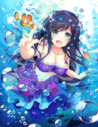 Rule 34 | 10s, 1girl, bare shoulders, breasts, clownfish, fish, gradient background, green eyes, hirai yuzuki, jewelry, long hair, love live!, love live! school idol festival, love live! school idol project, medium breasts, open mouth, purple hair, revision, smile, solo, tojo nozomi, tropical fish, underwater