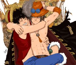 Rule 34 | 2boys, abs, brothers, family, freckles, hat, long coat, luke uehara, male focus, monkey d. luffy, multiple boys, muscular, one piece, portgas d. ace, sad face, scar, shorts, siblings, simple background, smiley face, topless male, vest, white background, yaoi