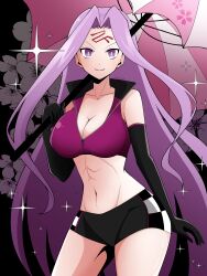 Rule 34 | 1girl, absurdres, bare shoulders, black gloves, black shorts, breasts, cleavage, collarbone, elbow gloves, fate/grand order, fate (series), forehead, gloves, highres, large breasts, long hair, looking at viewer, medusa (fate), medusa (rider) (fate), navel, parted bangs, purple eyes, purple hair, purple sports bra, race queen, shorts, sidelocks, smile, sports bra, umbrella, very long hair, wagu neru
