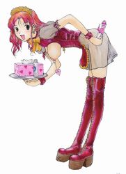 Rule 34 | 1girl, bent over, boots, bow, bowtie, breastless clothes, breasts, corset, hanging breasts, large breasts, leaning forward, maid, nipple piercing, nipple rings, nipples, original, piercing, platform footwear, red hair, see-through, sex toy, solo, tamaoki benkyou, thigh boots, thighhighs, tissue, tissue box, tray, vibrator