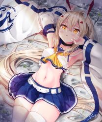 Rule 34 | 1girl, armpits, ayanami (azur lane), azur lane, bare shoulders, blonde hair, blush, breasts, commentary request, hair between eyes, hair ornament, headgear, high ponytail, highres, long hair, looking at viewer, medium breasts, navel, pleated skirt, ponytail, red eyes, sailor collar, school uniform, shirt, sidelocks, skirt, solo, thighhighs, tyot, white thighhighs