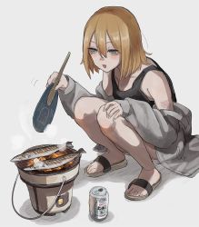 Rule 34 | 1girl, :d, asahi breweries, beer can, blonde hair, blue eyes, blush, can, cooking, drink can, fish, fish (food), grill, hair between eyes, half-closed eyes, hand fan, highres, holding, holding fan, jacket, medium hair, off shoulder, open mouth, original, sandals, scar, self-harm, shichirin, smile, solo, squatting, tabao