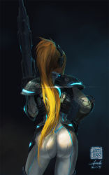 Rule 34 | 1girl, ass, blonde hair, bodysuit, cable, elbow pads, from behind, ghost (starcraft), gun, hand on own hip, headphones, heroes of the storm, kan liu (666k), long hair, neon trim, nova (starcraft), ponytail, rifle, science fiction, shoulder pads, skin tight, sniper rifle, solo, starcraft, weapon, wireless