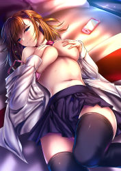 Rule 34 | 1girl, akeyama kitsune, black thighhighs, blue eyes, blue sky, blush, bow, bowtie, bra, breasts, brown hair, cellphone, covering privates, covering breasts, hair ornament, half-closed eyes, large breasts, long hair, looking at viewer, lying, navel, on back, on bed, open bra, open clothes, open shirt, original, panties, phone, pink bra, pink panties, red bow, red bowtie, school uniform, shirt, sidelocks, sky, smartphone, smile, solo, stomach, sweat, thighhighs, underwear, white shirt, x hair ornament