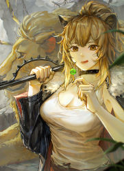 Rule 34 | 1girl, animal ears, arknights, black choker, black jacket, black nails, blonde hair, blurry, blurry foreground, breasts, candy, choker, cleavage, closed mouth, food, fur-trimmed jacket, fur trim, hammer, highres, holding, holding candy, holding food, holding lollipop, holding weapon, jacket, licking lips, lion, lion ears, lips, lollipop, long hair, looking at viewer, medium breasts, nail polish, open clothes, open jacket, over shoulder, pino ko, ponytail, shirt, siege (arknights), sledgehammer, sleeveless, solo, studded choker, tank top, tongue, tongue out, torn clothes, torn shirt, upper body, weapon, weapon over shoulder, white tank top, yellow eyes