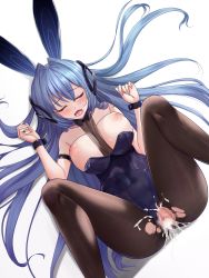 Rule 34 | 1boy, 1girl, ?, animal ears, arm strap, ass, azur lane, bare shoulders, black pantyhose, blue eyes, blue hair, bodystocking, breasts, censored, cleavage, closed eyes, clothing aside, cum, fake animal ears, from above, headgear, hetero, highres, holding another&#039;s wrist, large breasts, leotard, leotard aside, long hair, lying, m legs, mosaic censoring, nail polish, new jersey (azur lane), new jersey (exhilarating steps!) (azur lane), official alternate costume, on back, open mouth, pantyhose, playboy bunny, purple leotard, rabbit ears, saliva, saliva trail, see-through, shenqi (toid310), skin tight, solo focus, strapless, strapless leotard, taut clothes, tongue, torn bodystocking, torn clothes, torn legwear, very long hair, white background, white nails, wrist cuffs