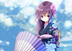 Rule 34 | alternate costume, artist logo, black kimono, blue background, brown hair, commentary request, dated, floral print, hair ornament, japanese clothes, kamiya yuuji, kantai collection, kimono, kisaragi (kancolle), long hair, looking at viewer, oil-paper umbrella, purple eyes, solo, umbrella
