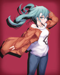 Rule 34 | 1girl, bad id, bad pixiv id, bare shoulders, blue eyes, blue hair, bra strap, closed mouth, collarbone, denim, earrings, h2o (dfo), hatsune miku, highres, jeans, jewelry, long hair, looking at viewer, off shoulder, pants, solo, twintails, vocaloid
