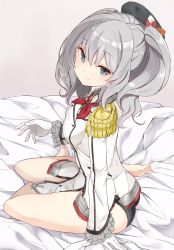 Rule 34 | 10s, 1girl, absurdres, beret, black panties, bottomless, buttons, epaulettes, frilled sleeves, frills, gloves, grey eyes, hamaken. (novelize), hat, highres, kantai collection, kashima (kancolle), kerchief, looking at viewer, military, military uniform, no pants, on bed, panties, sidelocks, silver hair, sitting, smile, solo, twintails, underwear, uniform, wavy hair, white gloves, yokozuwari