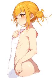 Rule 34 | 1girl, absurdres, blonde hair, blunt bangs, blush, boku no hero academia, completely nude, covering privates, double bun, female focus, from side, hair bun, highres, looking at viewer, messy hair, nude, nude cover, rasusurasu, sidelocks, simple background, solo, toga himiko, towel, white background, yellow eyes