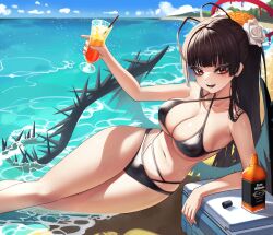 Rule 34 | 1girl, :d, absurdres, alcohol, arm rest, bags under eyes, beach, bikini, black bikini, black wings, blue archive, blue sky, blunt bangs, bottle, breasts, cloud, collarbone, cooler, cup, day, drinking straw, flower, hair flower, hair ornament, halo, high ponytail, highres, holding, holding cup, jaffna, korean commentary, large breasts, long hair, looking at viewer, lying, navel, ocean, on side, open mouth, orange flower, outdoors, red eyes, red halo, rose, sky, smile, solo, stomach, swimsuit, thighs, tsurugi (blue archive), tsurugi (swimsuit) (blue archive), very long hair, water, whiskey, white flower, white rose, wings