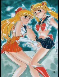 Rule 34 | 1993, aino minako, alley, artist request, bishoujo senshi sailor moon, blonde hair, blue eyes, blush, boots, bow, dated, embarrassed, eye contact, fingering, happy, highres, looking at another, outdoors, public indecency, public indecency, sailor moon, sailor venus, skirt, sweat, sweatdrop, tsukino usagi, wall, yuri