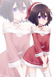 Rule 34 | 1girl, absurdres, bare shoulders, brown hair, closed mouth, dress, hat, highres, levana violette (lusan666), long sleeves, lusan666, original, purple eyes, santa dress, santa hat, solo, thighhighs, white thighhighs, zoom layer
