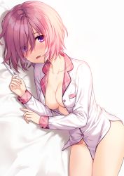 Rule 34 | 1girl, alternate costume, bed sheet, breasts, cleavage, collarbone, commentary request, digital thermometer, fate/grand order, fate (series), hair over one eye, kuroki (ma-na-tu), long sleeves, looking at viewer, lying, mash kyrielight, medium breasts, naked shirt, on side, open mouth, partially unbuttoned, pink hair, purple eyes, shirt, short hair, solo, sweat, thermometer, thighs, white shirt, wing collar