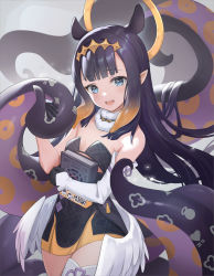 Rule 34 | 1girl, :d, absurdres, ao-chan (ninomae ina&#039;nis), bare shoulders, black dress, black gloves, black hair, blue eyes, blunt bangs, blush, book, breasts, cowboy shot, detached sleeves, dress, feathered wings, fur collar, gloves, halo, heart, highres, holding, holding book, hololive, hololive english, long hair, long sleeves, looking at viewer, low wings, mole, mole under eye, ninomae ina&#039;nis, ninomae ina&#039;nis (1st costume), open mouth, orange hair, pointy ears, shinyu xingyu, short dress, simple background, single detached sleeve, single thighhigh, small breasts, smile, solo, strapless, strapless dress, tentacle hair, tentacles, thighhighs, very long hair, virtual youtuber, white background, white thighhighs, wings