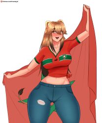 Rule 34 | 2022 fifa world cup, absurdres, animal ears, black nails, breasts, brown eyes, brown hair, denim, fang, flag, fraankyy, happy, highres, jeans, jersey, large breasts, lion, lion ears, lion girl, looking at viewer, morocco, multicolored hair, nail polish, open mouth, original, pants, red shirt, shirt, smile, soccer, soccer uniform, sportswear, tail, thick thighs, thighs, wide hips, world cup