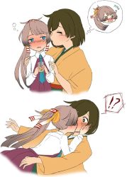 Rule 34 | !?, 2girls, blue neckwear, blush, brown eyes, brown hair, cup, dress shirt, drinking glass, drunk, hair ribbon, hands on another&#039;s cheeks, hands on another&#039;s face, hiryuu (kancolle), holding, holding cup, imagining, iwana, japanese clothes, kantai collection, kazagumo (kancolle), kiss, long hair, long sleeves, multiple girls, necktie, ponytail, ribbon, school uniform, shirt, short hair, grey eyes, simple background, speech bubble, spoken interrobang, surprise kiss, surprised, thought bubble, white background, white shirt, yuri